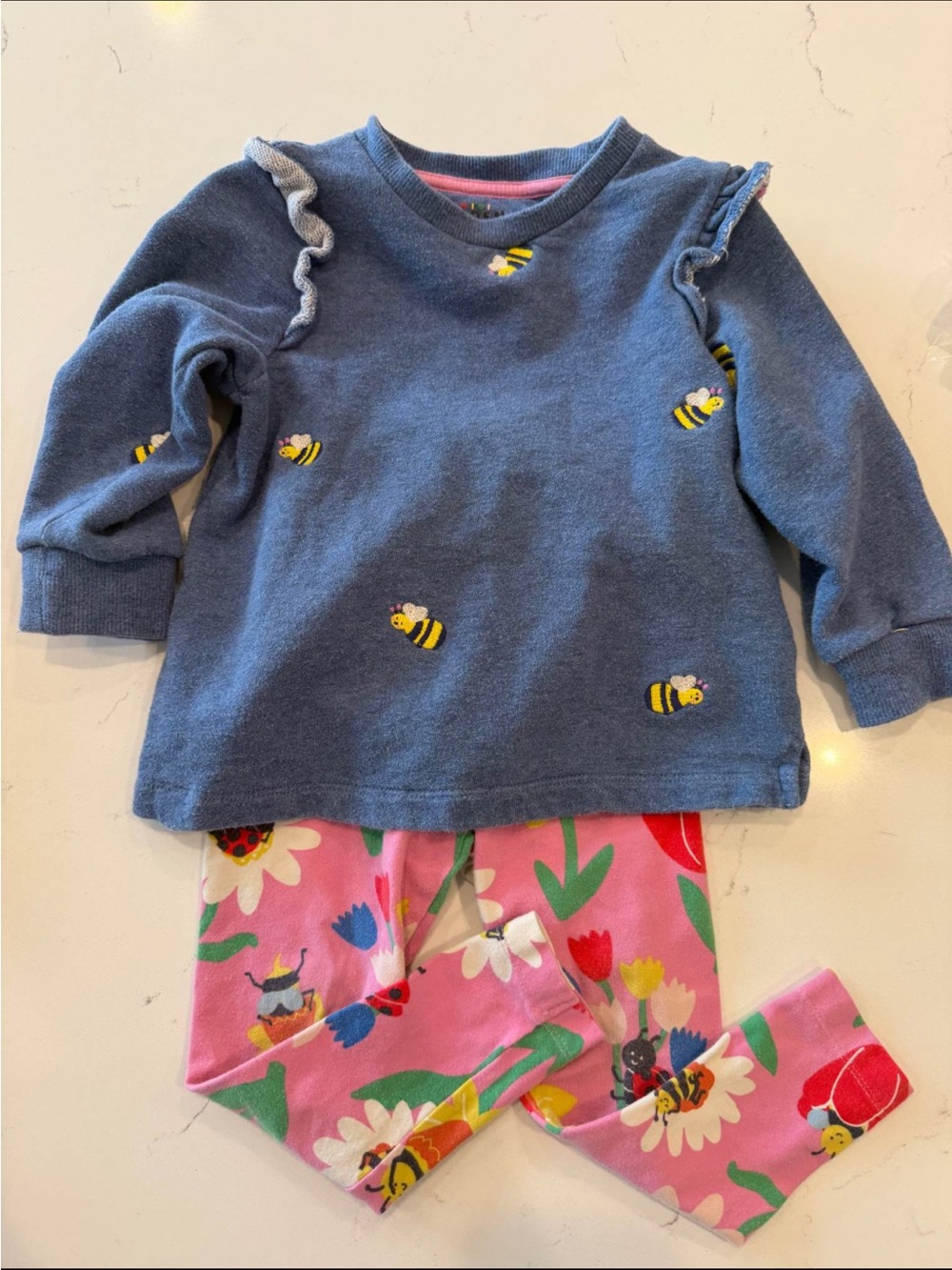 Mini Boden Blue Bee Sweatshirt with Pink Floral Bee Leggings Set 2/3T